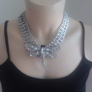 Dragonfly crystal/silver statement handmade recycled necklace OOAK